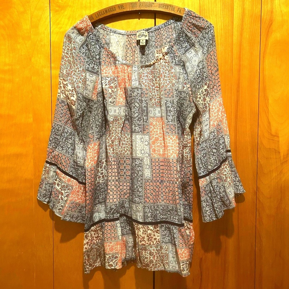 Como Vintage Boho Peasant Patchwork Style Top-Blue Multicolor-Bell‎ Sleeve-XL